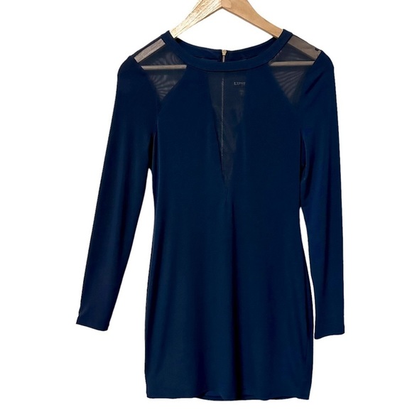 Express Dress Navy Blue Long Sleeve Mesh Cocktail Business Preppy Party Sz Small - Picture 1 of 9